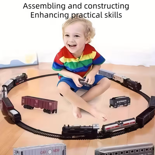 Electric Locomotive with 10 Carriages - Classic Black & Red Train Set, Simulated Lights & Tracks, Manual Operation, No Batteries Needed, Perfect for Christmas & Easter Gifts, Holiday Playset