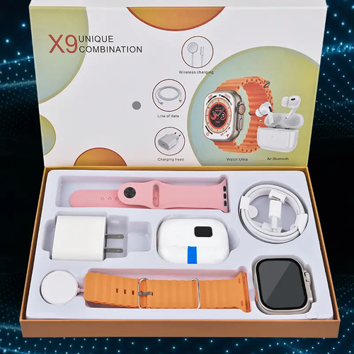 6-in-1 Smartwatch Kit: Smartwatch, Bluetooth headphones, 20W fast charger, Type-C fast-charging cable, adapter, and audio support—compact and portable. Headphone device.