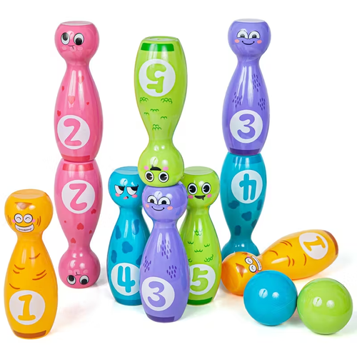 10-Bottle Bowling Toy Set with 2 Balls - Vibrant Cartoon Fun Expressions, Exquisite Pad Printing, Durable Non-Fading Design, and Gift Box Packaging - Perfect for Halloween and Christmas Gifts