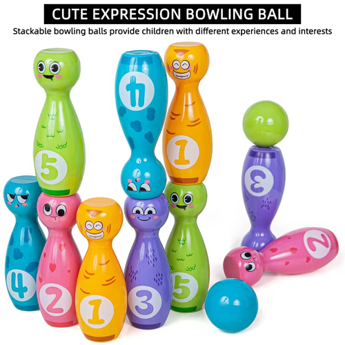 10-Bottle Bowling Toy Set with 2 Balls - Vibrant Cartoon Fun Expressions, Exquisite Pad Printing, Durable Non-Fading Design, and Gift Box Packaging - Perfect for Halloween and Christmas Gifts