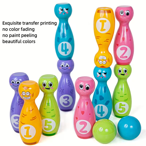 10-Bottle Bowling Toy Set with 2 Balls - Vibrant Cartoon Fun Expressions, Exquisite Pad Printing, Durable Non-Fading Design, and Gift Box Packaging - Perfect for Halloween and Christmas Gifts