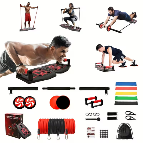 Home Gym Exercise Equipment - Black Portable Workout System 17 Fitness Accessories 9 In1 Push Up Board Set, Resistance Bands with Pilates Bar Strength Training Abs Shoulders Back Butt