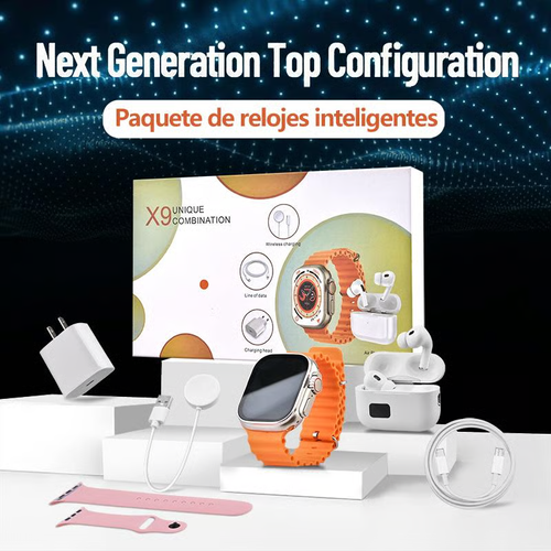 6-in-1 Smartwatch Kit: Smartwatch, Bluetooth headphones, 20W fast charger, Type-C fast-charging cable, adapter, and audio support—compact and portable. Headphone device.