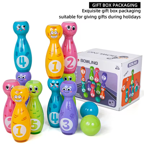 10-Bottle Bowling Toy Set with 2 Balls - Vibrant Cartoon Fun Expressions, Exquisite Pad Printing, Durable Non-Fading Design, and Gift Box Packaging - Perfect for Halloween and Christmas Gifts