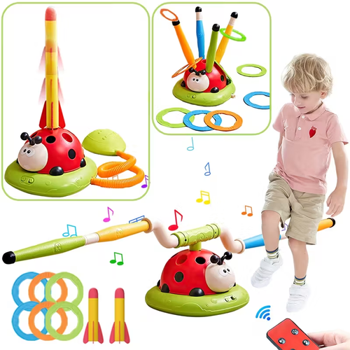 3 in 1 Rocket Launcher Musical Jump, Ring Toss Game, Stomp and Launch Sports and Outdoors Indoors Toys with Halloween, Christmas Gift