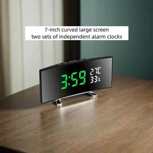 1pc 6.6-inch Multifunctional LED Alarm Clock with Curved Large Screen Display - Digital Desk Clock Shows Time, Temperature, and Humidity, Plug-in Powered-Three AA Batteries (Screen Auto-Off When Battery Only), Christmas, Valentine's Day, New Year
