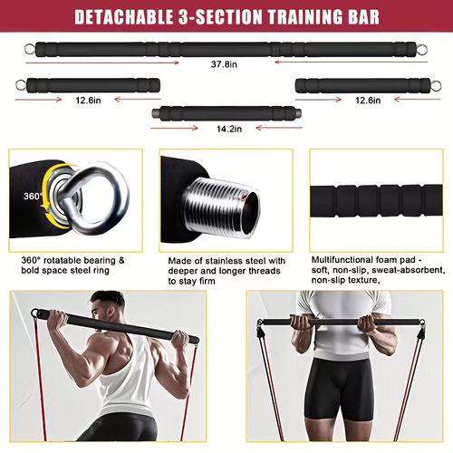 Home Gym Exercise Equipment - Black Portable Workout System 17 Fitness Accessories 9 In1 Push Up Board Set, Resistance Bands with Pilates Bar Strength Training Abs Shoulders Back Butt