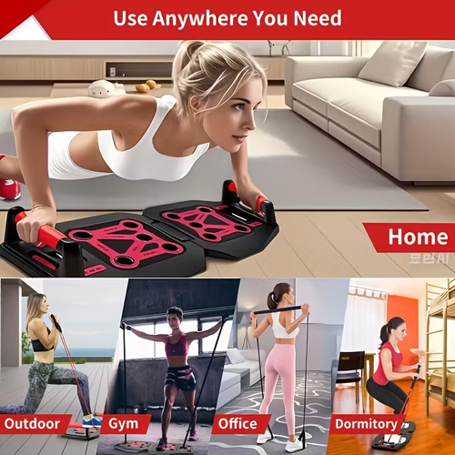 Home Gym Exercise Equipment - Black Portable Workout System 17 Fitness Accessories 9 In1 Push Up Board Set, Resistance Bands with Pilates Bar Strength Training Abs Shoulders Back Butt