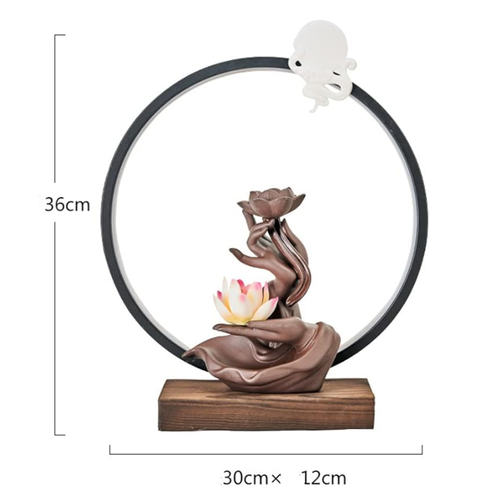 Feng Shui Chinese-style purple clay inverted flow incense burner, Zen-inspired Buddha's hand lotus heart lamp ring ornament, cer