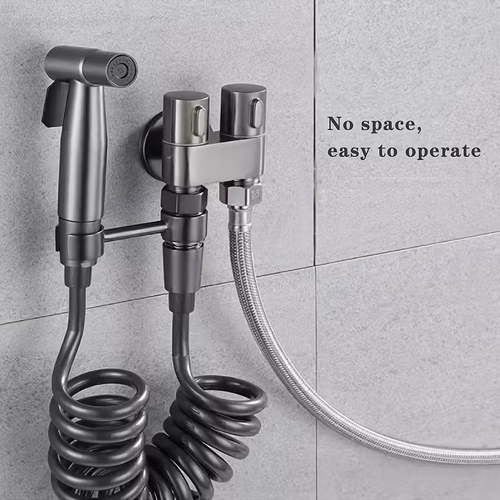 Sleek Black Stainless Steel Dual-Function Toilet Spray Gun - Handheld Bidet Sprayer with One Inlet and Two Outlets for Bathroom & Laundry, Easy Installation, No Power Required