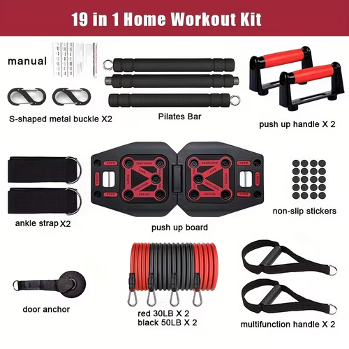 Home Gym Exercise Equipment - Black Portable Workout System 17 Fitness Accessories 9 In1 Push Up Board Set, Resistance Bands with Pilates Bar Strength Training Abs Shoulders Back Butt