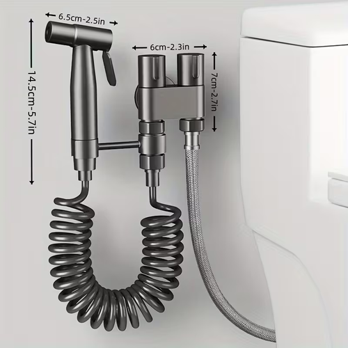Sleek Black Stainless Steel Dual-Function Toilet Spray Gun - Handheld Bidet Sprayer with One Inlet and Two Outlets for Bathroom & Laundry, Easy Installation, No Power Required