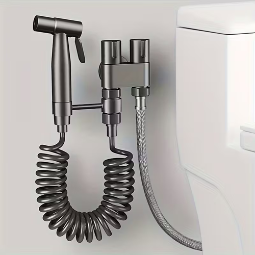 Sleek Black Stainless Steel Dual-Function Toilet Spray Gun - Handheld Bidet Sprayer with One Inlet and Two Outlets for Bathroom & Laundry, Easy Installation, No Power Required