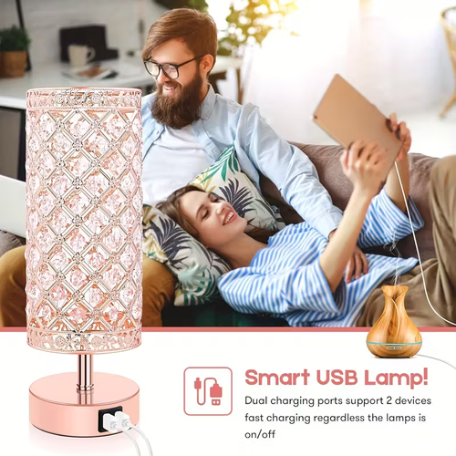 Touch Control Crystal Table Lamps With 2 USB Ports, 3-Way Dimmable Bedside Nightstand Lamps With Decorative Crystal, Small Table Lamps For Bedroom Living Room, Office, Led Bulbs Included