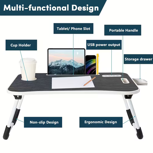 USB Laptop Bed Table, Laptop Desk For Bed, Foldable Laptop Bed Desk With USB Charge Port, Handle, Desktop Card Slot, Cup Slot, Side Drawer, Portable Laptop Table For Bed Eating Reading Working