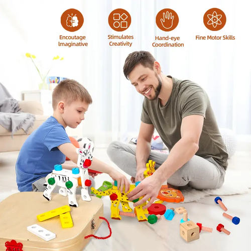 EDUTREE Wooden Animal Assembly Toolbox - Colorful Puzzle Toy for Youngsters, Enhances Creativity & Motor Skills, Ideal Birthday or Holiday Gift for Boys and Girls, Educational Playset|Playful Design|Durable Construction, Youngsters' Toy Box