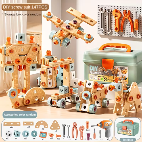 Kids STEM Learning Tool Kit with Screwdriver & Nut Wrenches - Hands-On Mechanical Puzzles, Building Blocks, and Educational Toys for Boys & Girls, Enhances Fine Motor Skills & Problem-Solving Abilities, Interactive Playtime, Colorful Building Blocks, Toolbox Design