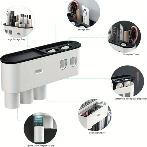 Toothbrush Holder Wall Mounted With Double Automatic Toothpaste Dispenser Squeezer Kit