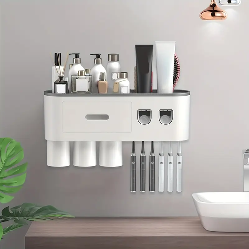 Toothbrush Holder Wall Mounted With Double Automatic Toothpaste Dispenser Squeezer Kit
