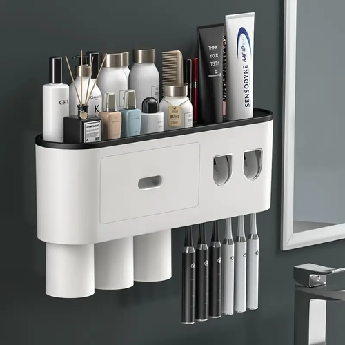 Toothbrush Holder Wall Mounted With Double Automatic Toothpaste Dispenser Squeezer Kit