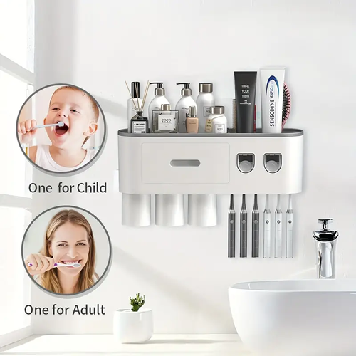 Toothbrush Holder Wall Mounted With Double Automatic Toothpaste Dispenser Squeezer Kit
