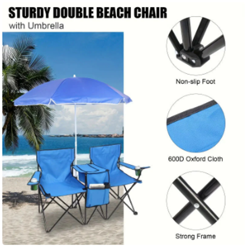 Outdoor Portable Foldable Double Chair with Umbrella, Dual cup holders & insulated cooler bag