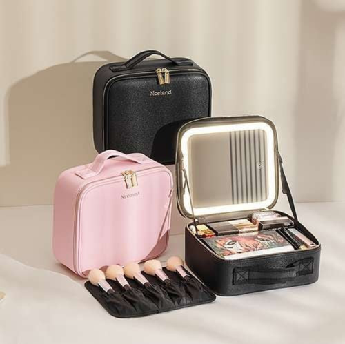 🔥Women's Professional Large Capacity Makeup Case Smart LED Lights Mirror New Waterproof PU Leather Travel Cosmetic Bags Glass