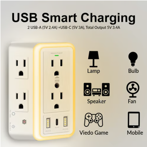 🔥 🔥 🔥Socket Wall Outlet, 6 Surge Protector Outlet Extender with USB C Multi Plug Outlet and Smart Night Light