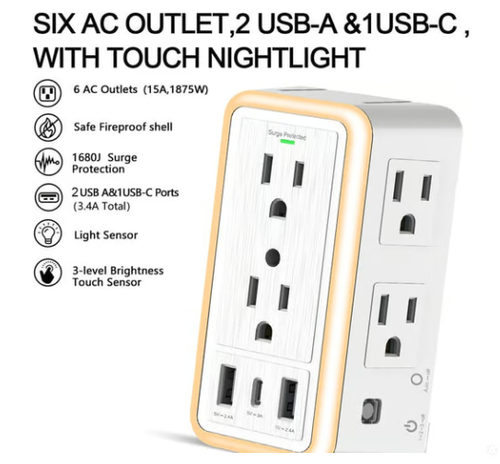 🔥 🔥 🔥Socket Wall Outlet, 6 Surge Protector Outlet Extender with USB C Multi Plug Outlet and Smart Night Light