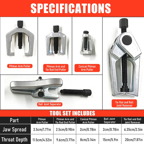 5pcs Professional Front End Service Tool Kit, Pitman Arm Puller, Ball Joint Separator Tie Rod Remover Tool
