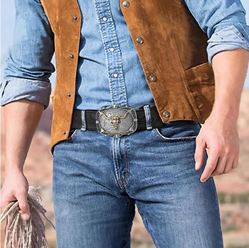 Retro leather belt for men with embossed bull head