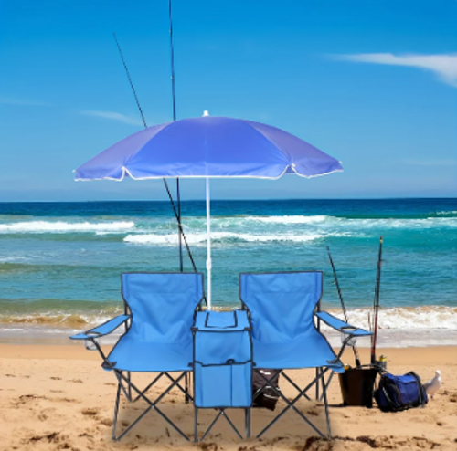 Outdoor Portable Foldable Double Chair with Umbrella, Dual cup holders & insulated cooler bag