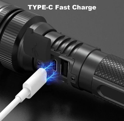 LED high-power flashlight, rechargeable, portable, long-range.