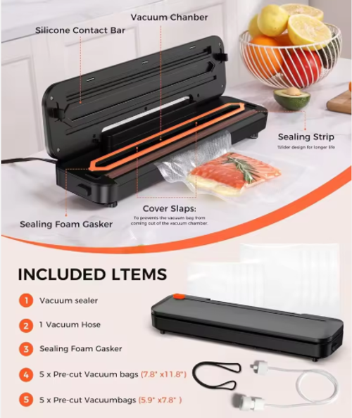 75Kpa Vacuum Sealer Machine, 6-in-1 Food Sealer with Digital Timer  Dry.Moist Modes, Compact Design, Includes 10 Bags
