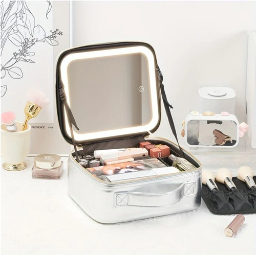 🔥Women's Professional Large Capacity Makeup Case Smart LED Lights Mirror New Waterproof PU Leather Travel Cosmetic Bags Glass