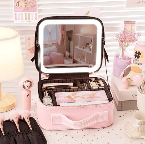 🔥Women's Professional Large Capacity Makeup Case Smart LED Lights Mirror New Waterproof PU Leather Travel Cosmetic Bags Glass