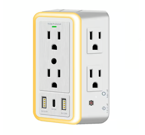 🔥 🔥 🔥Socket Wall Outlet, 6 Surge Protector Outlet Extender with USB C Multi Plug Outlet and Smart Night Light
