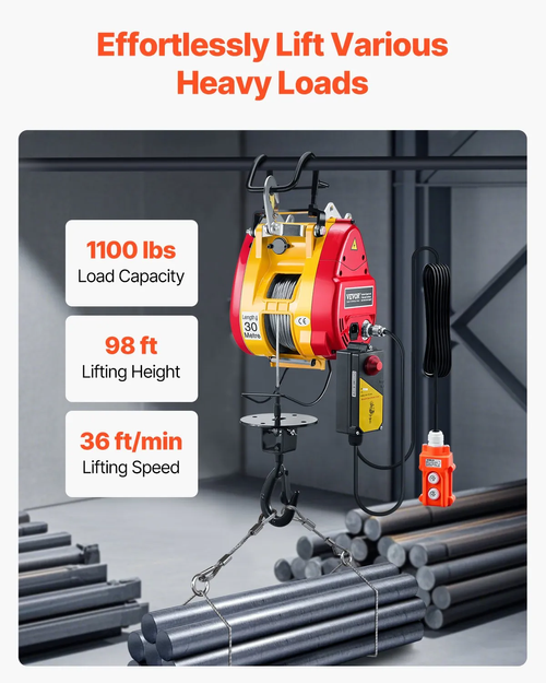 2-in-1 Electric Hoist Winch, 1100 lbs Capacity, 1800W Portable Power Winch, 98 ft Lifting Height, with Wire and Wireless Remote Control, for Garage, Warehouse, Factory Lifting Towing