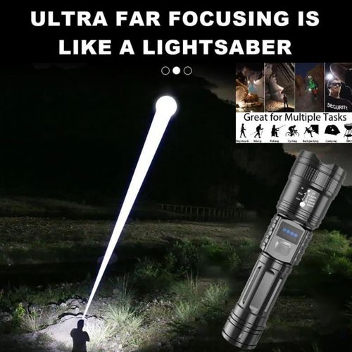 LED high-power flashlight, rechargeable, portable, long-range.