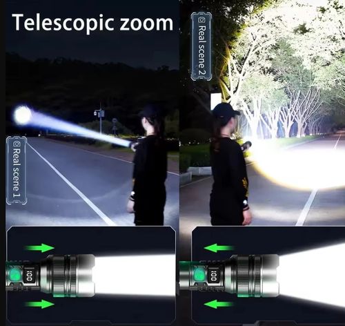 LED high-power flashlight, rechargeable, portable, long-range.