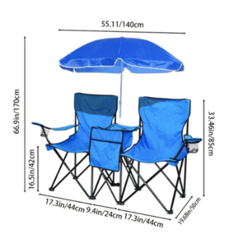 Outdoor Portable Foldable Double Chair with Umbrella, Dual cup holders & insulated cooler bag