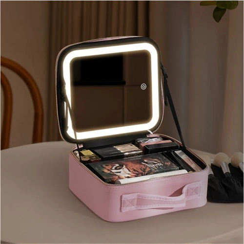 🔥Women's Professional Large Capacity Makeup Case Smart LED Lights Mirror New Waterproof PU Leather Travel Cosmetic Bags Glass