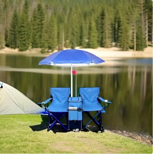 Outdoor Portable Foldable Double Chair with Umbrella, Dual cup holders & insulated cooler bag