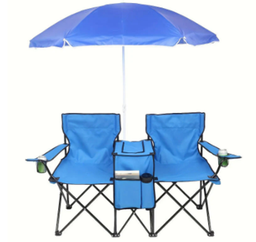 Outdoor Portable Foldable Double Chair with Umbrella, Dual cup holders & insulated cooler bag
