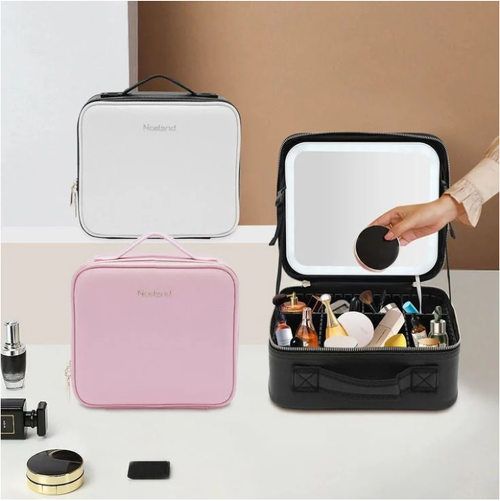 🔥Women's Professional Large Capacity Makeup Case Smart LED Lights Mirror New Waterproof PU Leather Travel Cosmetic Bags Glass