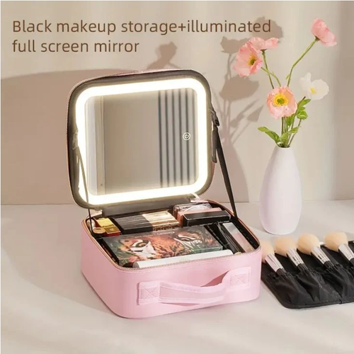 🔥Women's Professional Large Capacity Makeup Case Smart LED Lights Mirror New Waterproof PU Leather Travel Cosmetic Bags Glass