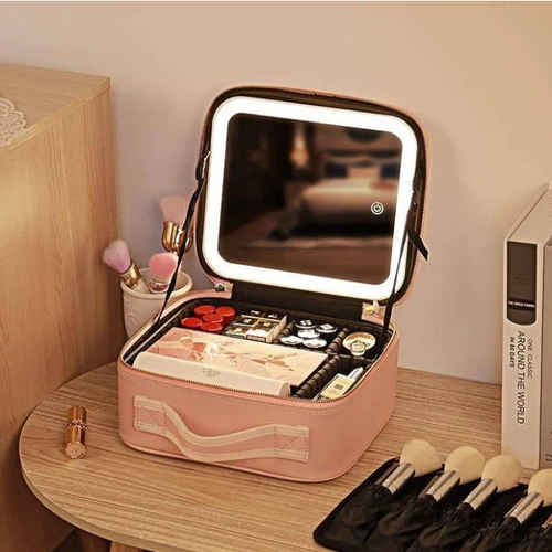🔥Women's Professional Large Capacity Makeup Case Smart LED Lights Mirror New Waterproof PU Leather Travel Cosmetic Bags Glass