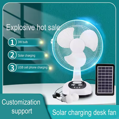 High Quality Home Use Cooling Battery Solar Electric Table Fan Rechargeable DC 12 Inch Wind Solar Fan with LED Lamp