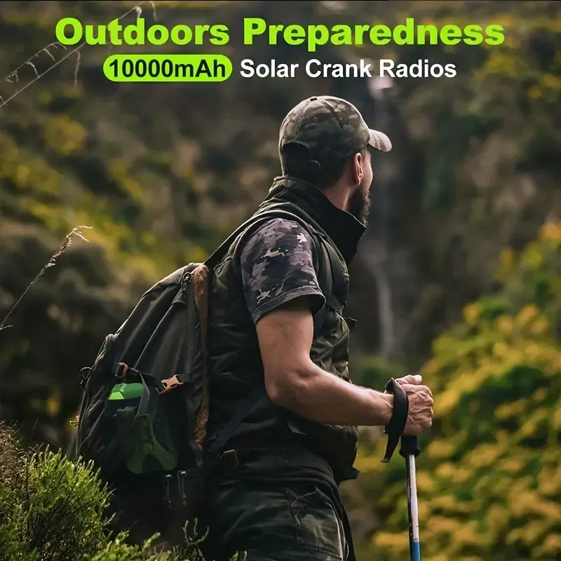 Multifunctional emergency radio, solar hand crank charging, outdoor emergency mobile power bank with LED flashlight reading light and SOS alarm, suitable for outdoor survival