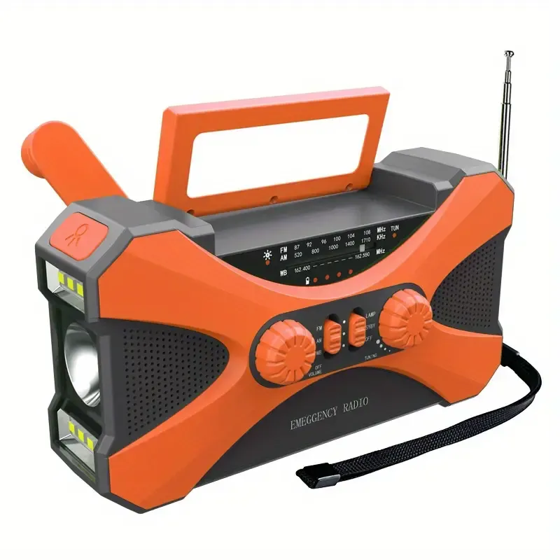 Multifunctional emergency radio, solar hand crank charging, outdoor emergency mobile power bank with LED flashlight reading light and SOS alarm, suitable for outdoor survival